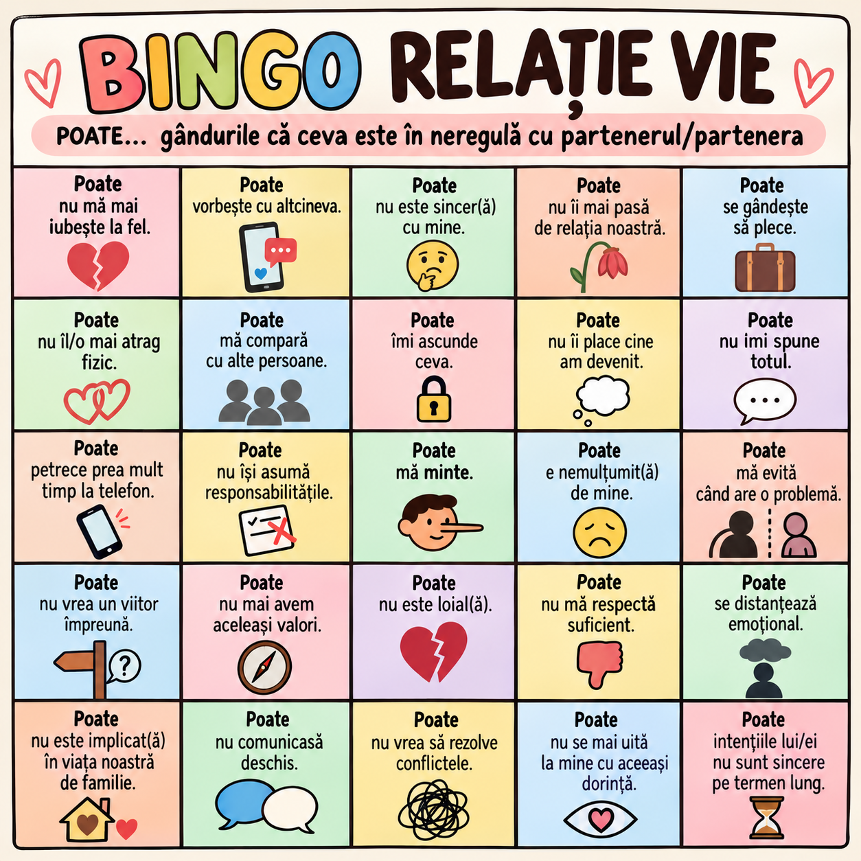 Cartonaș Bingo Relație Vie cu 25 de gânduri despre partener